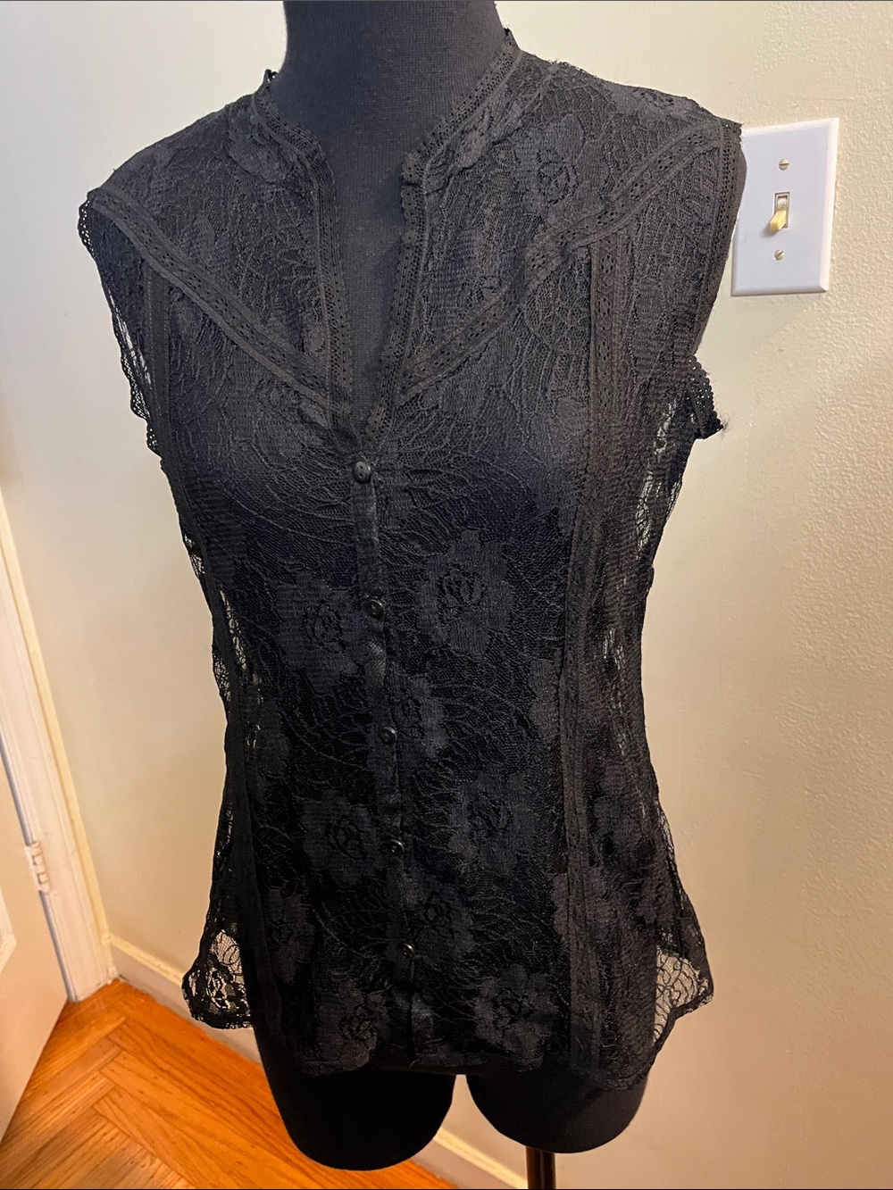 Black Lace Sleeveless Button-Front Top